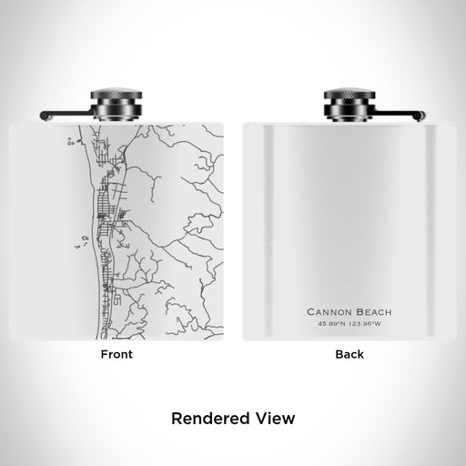 Rendered View of Cannon Beach Oregon Map Engraving on 6oz Stainless Steel Flask in White