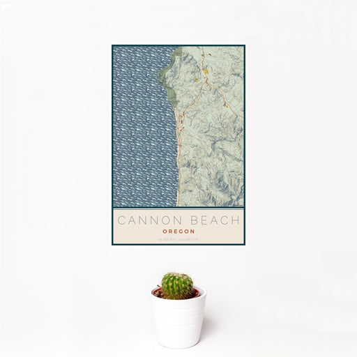 12x18 Cannon Beach Oregon Map Print Portrait Orientation in Woodblock Style With Small Cactus Plant in White Planter