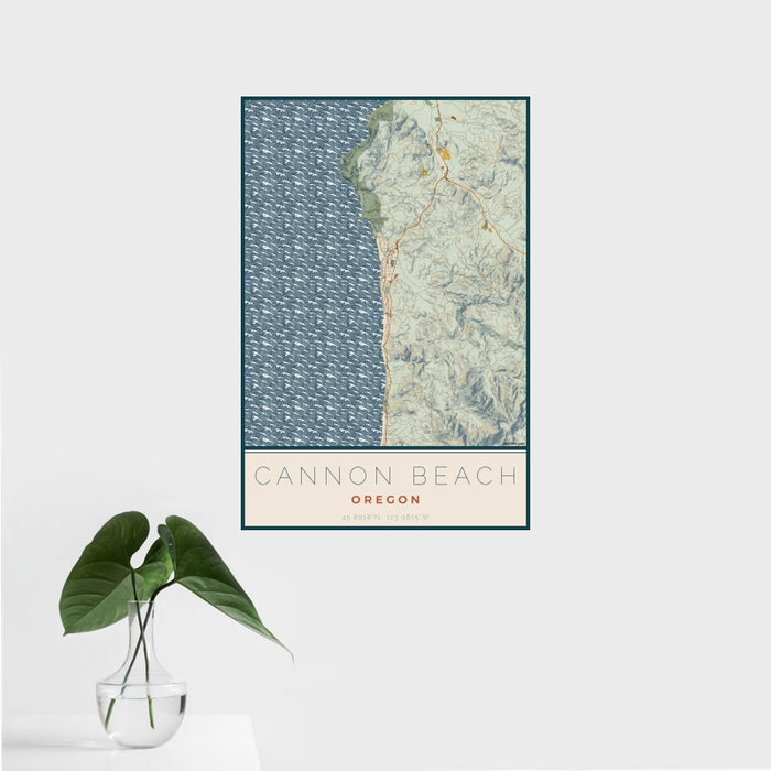 16x24 Cannon Beach Oregon Map Print Portrait Orientation in Woodblock Style With Tropical Plant Leaves in Water