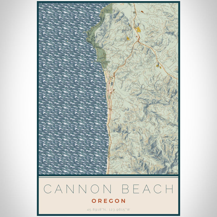 Cannon Beach Oregon Map Print Portrait Orientation in Woodblock Style With Shaded Background