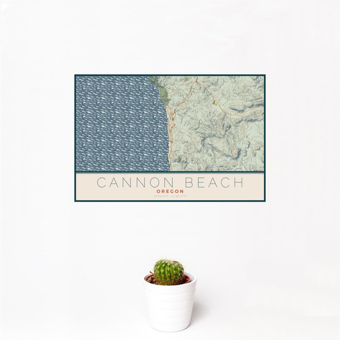 12x18 Cannon Beach Oregon Map Print Landscape Orientation in Woodblock Style With Small Cactus Plant in White Planter