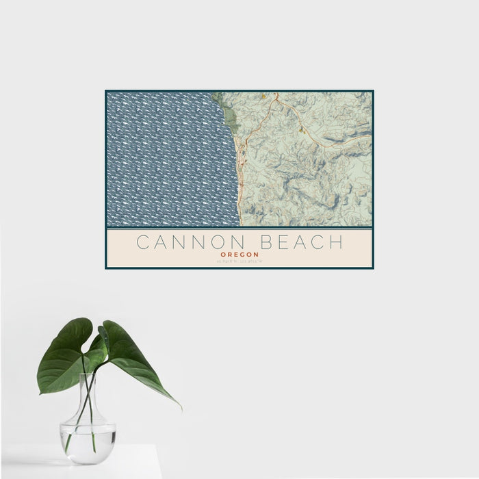 16x24 Cannon Beach Oregon Map Print Landscape Orientation in Woodblock Style With Tropical Plant Leaves in Water
