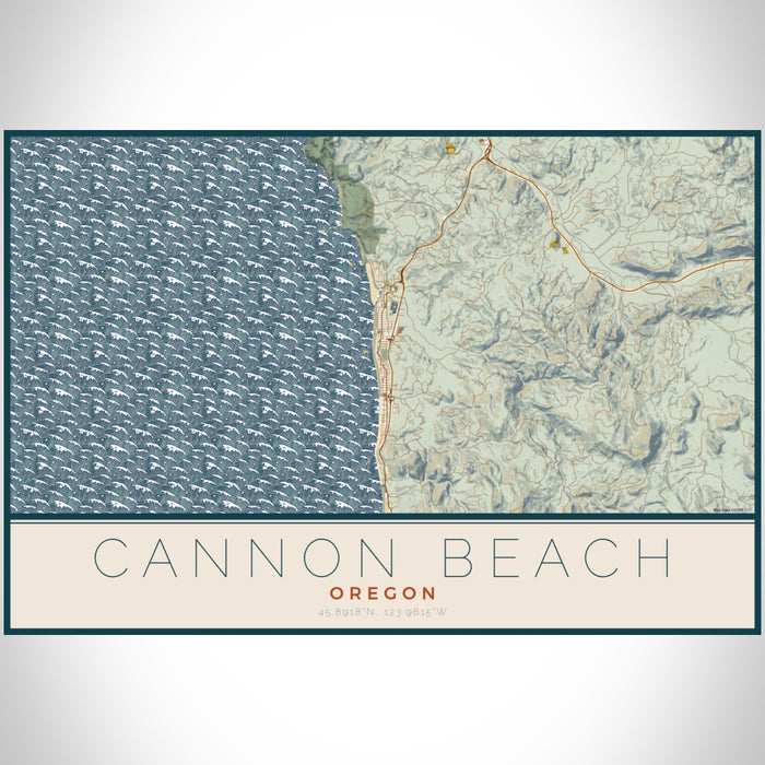 Cannon Beach Oregon Map Print Landscape Orientation in Woodblock Style With Shaded Background