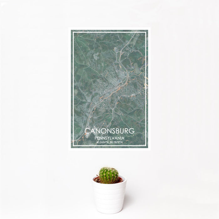 12x18 Canonsburg Pennsylvania Map Print Portrait Orientation in Afternoon Style With Small Cactus Plant in White Planter