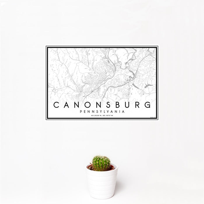 12x18 Canonsburg Pennsylvania Map Print Landscape Orientation in Classic Style With Small Cactus Plant in White Planter