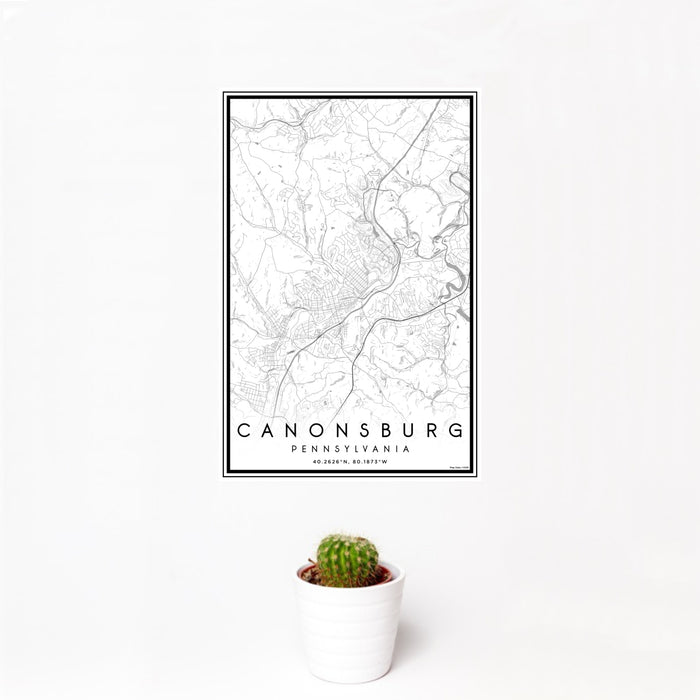 12x18 Canonsburg Pennsylvania Map Print Portrait Orientation in Classic Style With Small Cactus Plant in White Planter