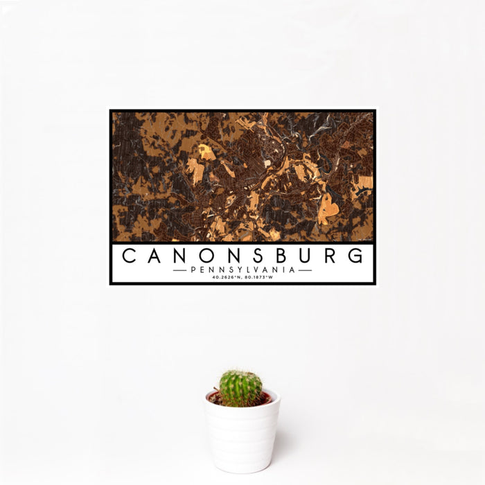 12x18 Canonsburg Pennsylvania Map Print Landscape Orientation in Ember Style With Small Cactus Plant in White Planter