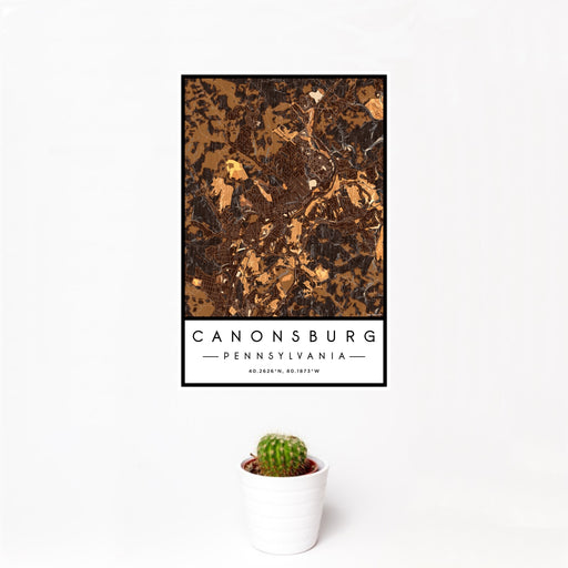 12x18 Canonsburg Pennsylvania Map Print Portrait Orientation in Ember Style With Small Cactus Plant in White Planter