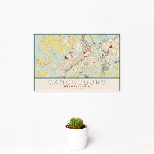 12x18 Canonsburg Pennsylvania Map Print Landscape Orientation in Woodblock Style With Small Cactus Plant in White Planter