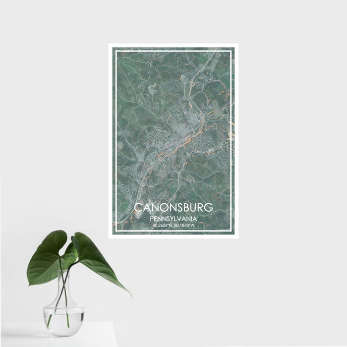 16x24 Canonsburg Pennsylvania Map Print Portrait Orientation in Afternoon Style With Tropical Plant Leaves in Water