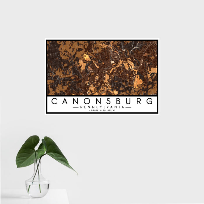 16x24 Canonsburg Pennsylvania Map Print Landscape Orientation in Ember Style With Tropical Plant Leaves in Water