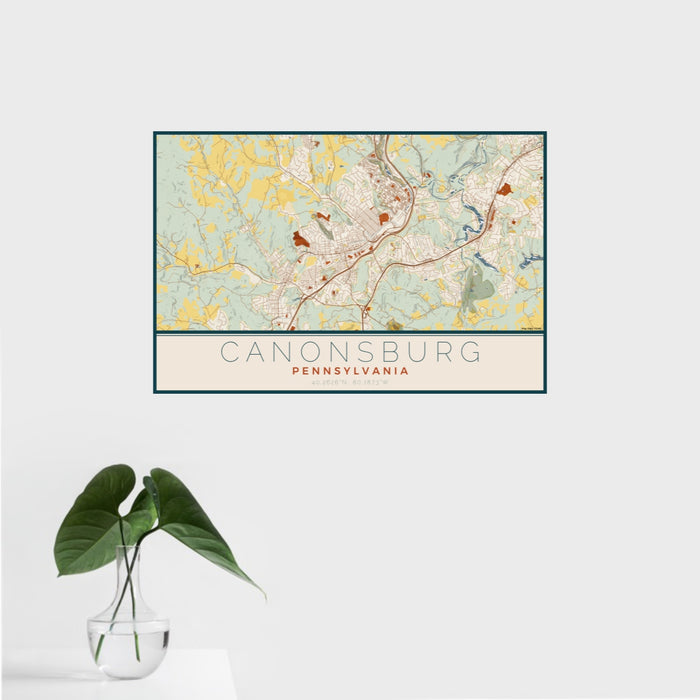16x24 Canonsburg Pennsylvania Map Print Landscape Orientation in Woodblock Style With Tropical Plant Leaves in Water