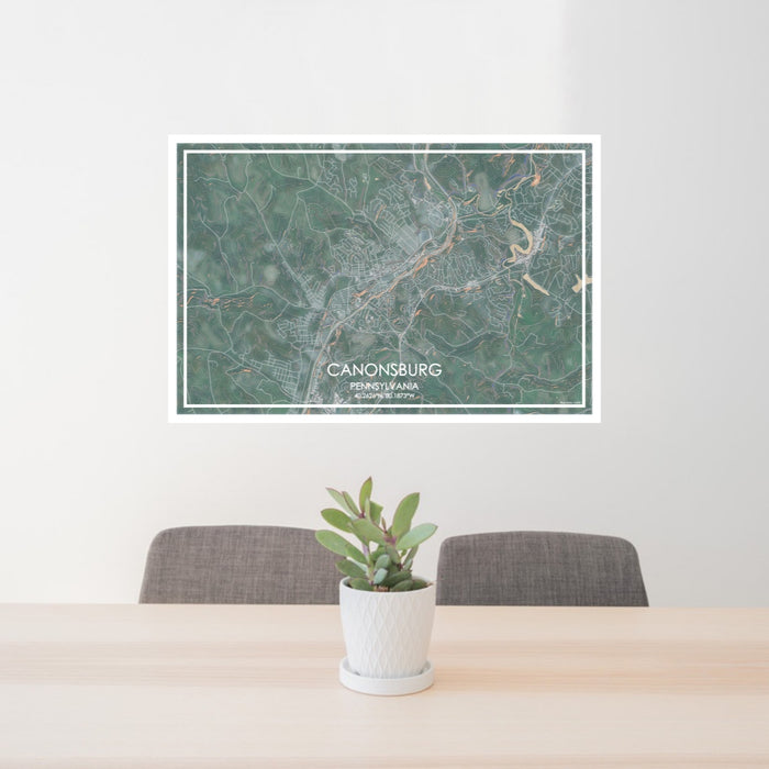 24x36 Canonsburg Pennsylvania Map Print Lanscape Orientation in Afternoon Style Behind 2 Chairs Table and Potted Plant