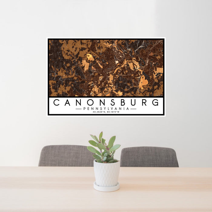 24x36 Canonsburg Pennsylvania Map Print Lanscape Orientation in Ember Style Behind 2 Chairs Table and Potted Plant