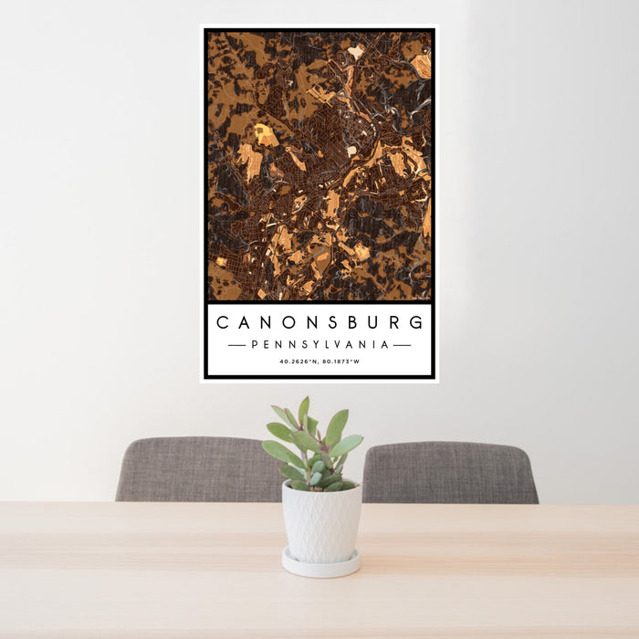 24x36 Canonsburg Pennsylvania Map Print Portrait Orientation in Ember Style Behind 2 Chairs Table and Potted Plant