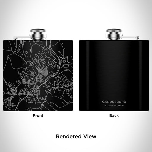 Rendered View of Canonsburg Pennsylvania Map Engraving on 6oz Stainless Steel Flask in Black