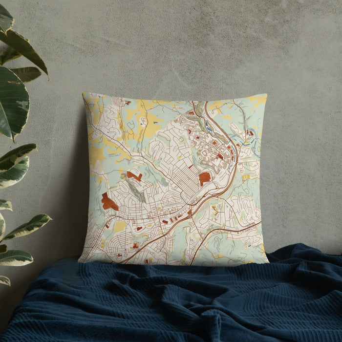 Custom Canonsburg Pennsylvania Map Throw Pillow in Woodblock on Bedding Against Wall