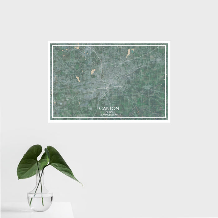 16x24 Canton Ohio Map Print Landscape Orientation in Afternoon Style With Tropical Plant Leaves in Water