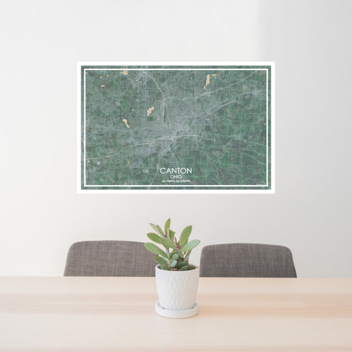 24x36 Canton Ohio Map Print Lanscape Orientation in Afternoon Style Behind 2 Chairs Table and Potted Plant