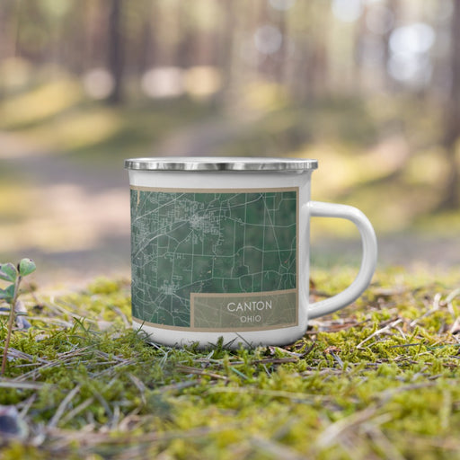 Right View Custom Canton Ohio Map Enamel Mug in Afternoon on Grass With Trees in Background