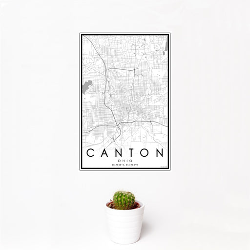 12x18 Canton Ohio Map Print Portrait Orientation in Classic Style With Small Cactus Plant in White Planter