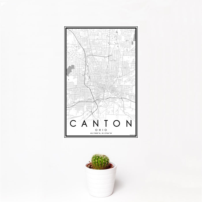 12x18 Canton Ohio Map Print Portrait Orientation in Classic Style With Small Cactus Plant in White Planter