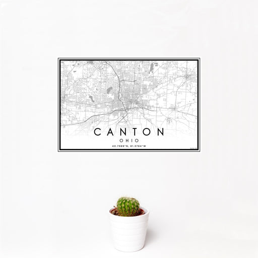 12x18 Canton Ohio Map Print Landscape Orientation in Classic Style With Small Cactus Plant in White Planter