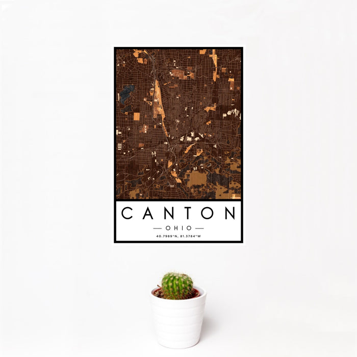 12x18 Canton Ohio Map Print Portrait Orientation in Ember Style With Small Cactus Plant in White Planter