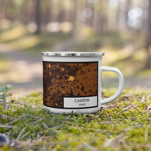 Right View Custom Canton Ohio Map Enamel Mug in Ember on Grass With Trees in Background