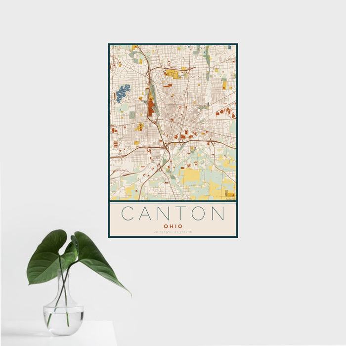16x24 Canton Ohio Map Print Portrait Orientation in Woodblock Style With Tropical Plant Leaves in Water