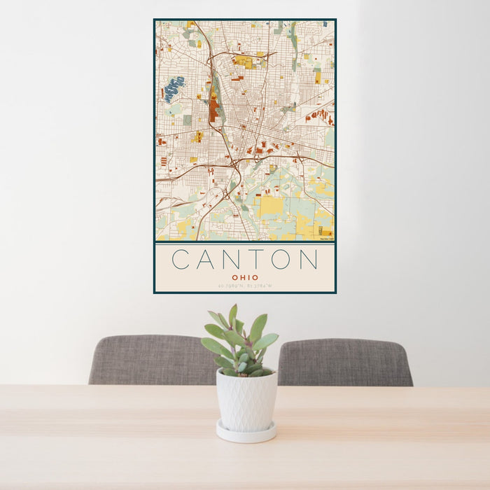 24x36 Canton Ohio Map Print Portrait Orientation in Woodblock Style Behind 2 Chairs Table and Potted Plant