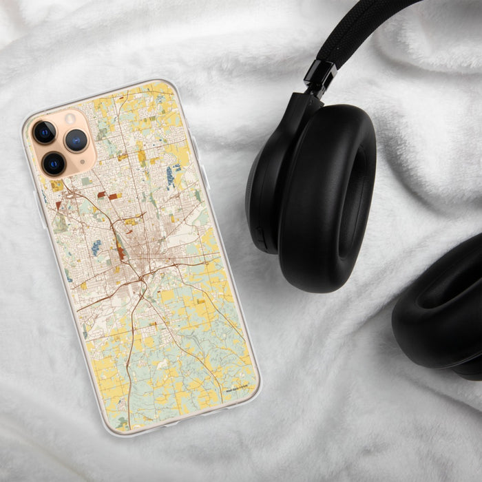 Custom Canton Ohio Map Phone Case in Woodblock on Table with Black Headphones