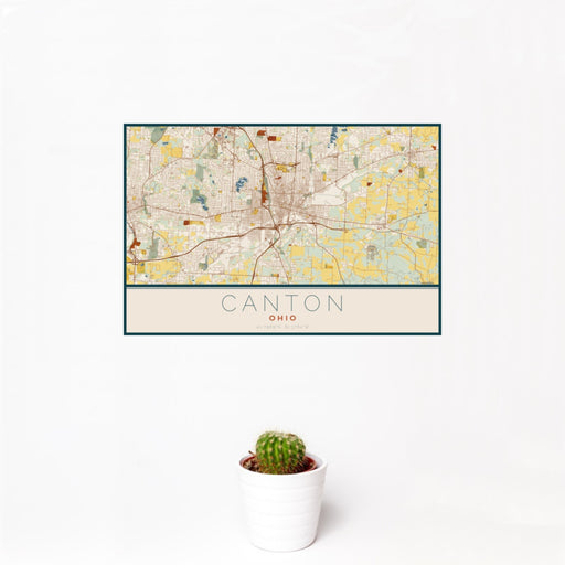 12x18 Canton Ohio Map Print Landscape Orientation in Woodblock Style With Small Cactus Plant in White Planter