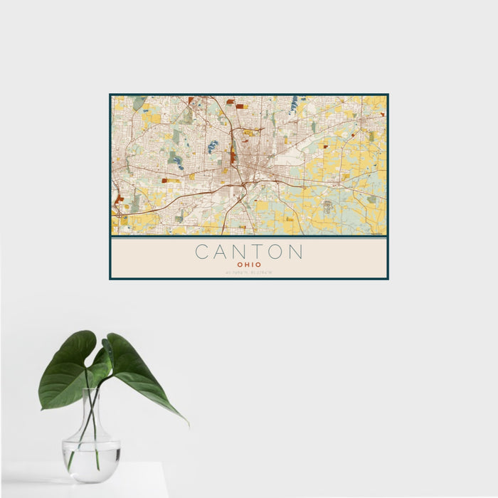 16x24 Canton Ohio Map Print Landscape Orientation in Woodblock Style With Tropical Plant Leaves in Water