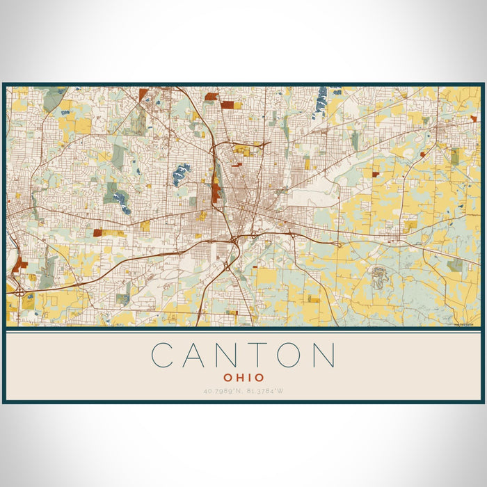 Canton Ohio Map Print Landscape Orientation in Woodblock Style With Shaded Background