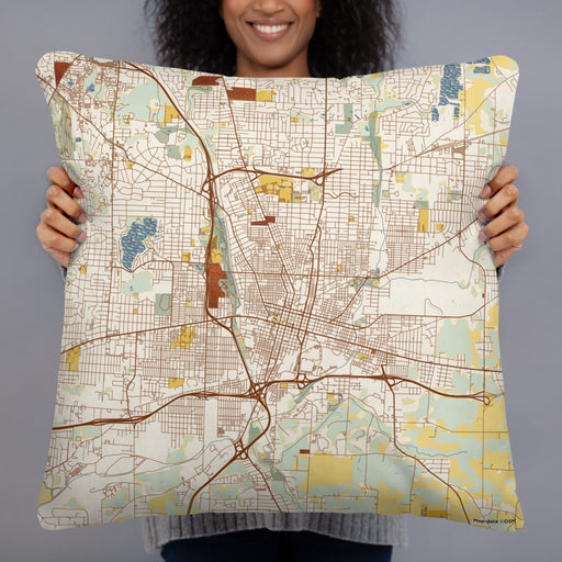 Person holding 22x22 Custom Canton Ohio Map Throw Pillow in Woodblock