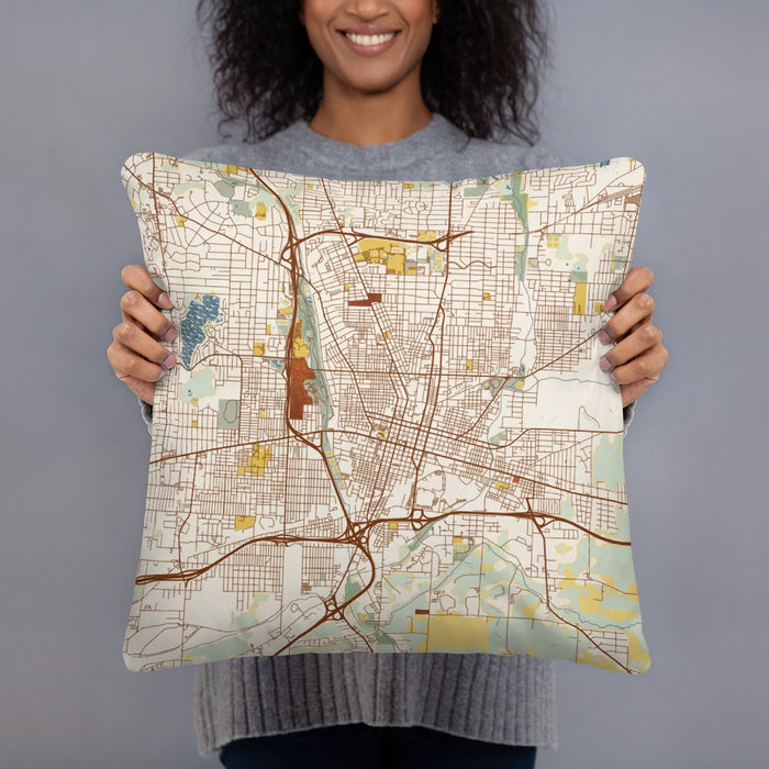 Person holding 18x18 Custom Canton Ohio Map Throw Pillow in Woodblock