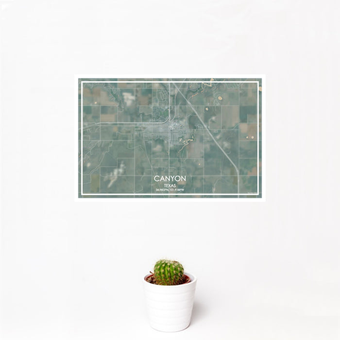 12x18 Canyon Texas Map Print Landscape Orientation in Afternoon Style With Small Cactus Plant in White Planter