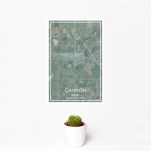 12x18 Canyon Texas Map Print Portrait Orientation in Afternoon Style With Small Cactus Plant in White Planter