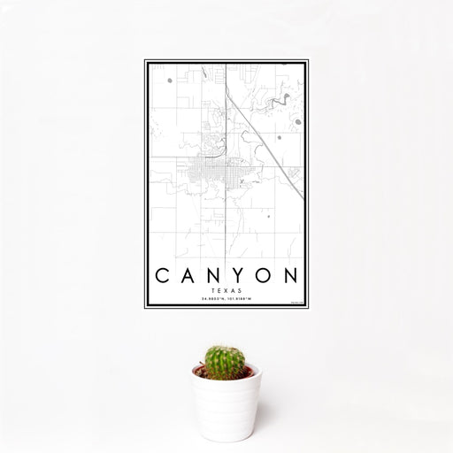 12x18 Canyon Texas Map Print Portrait Orientation in Classic Style With Small Cactus Plant in White Planter