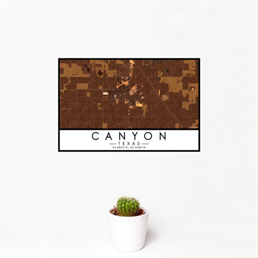 12x18 Canyon Texas Map Print Landscape Orientation in Ember Style With Small Cactus Plant in White Planter