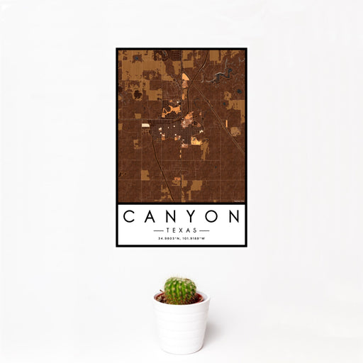 12x18 Canyon Texas Map Print Portrait Orientation in Ember Style With Small Cactus Plant in White Planter