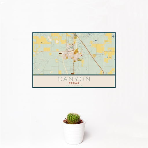 12x18 Canyon Texas Map Print Landscape Orientation in Woodblock Style With Small Cactus Plant in White Planter