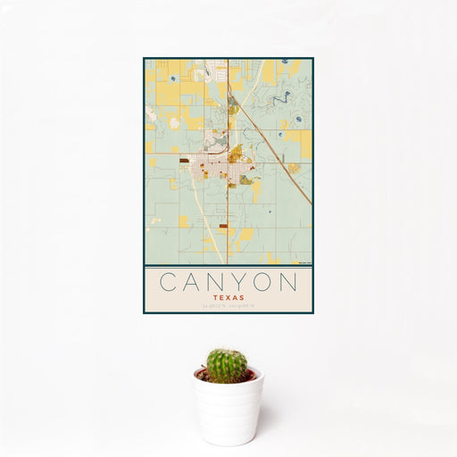 12x18 Canyon Texas Map Print Portrait Orientation in Woodblock Style With Small Cactus Plant in White Planter
