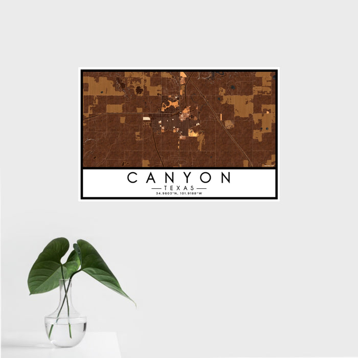 16x24 Canyon Texas Map Print Landscape Orientation in Ember Style With Tropical Plant Leaves in Water