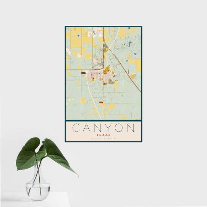 16x24 Canyon Texas Map Print Portrait Orientation in Woodblock Style With Tropical Plant Leaves in Water