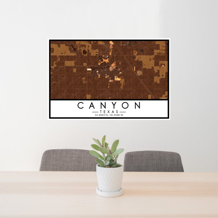 24x36 Canyon Texas Map Print Lanscape Orientation in Ember Style Behind 2 Chairs Table and Potted Plant