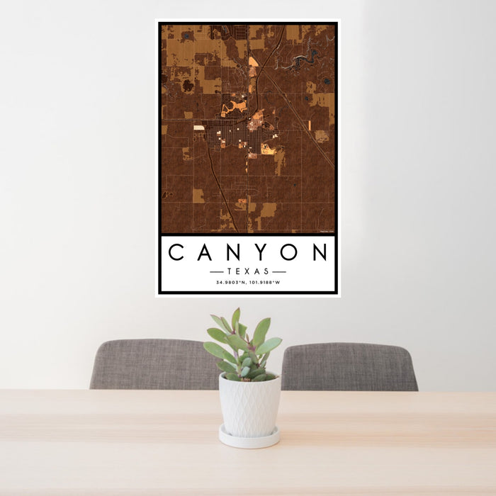 24x36 Canyon Texas Map Print Portrait Orientation in Ember Style Behind 2 Chairs Table and Potted Plant