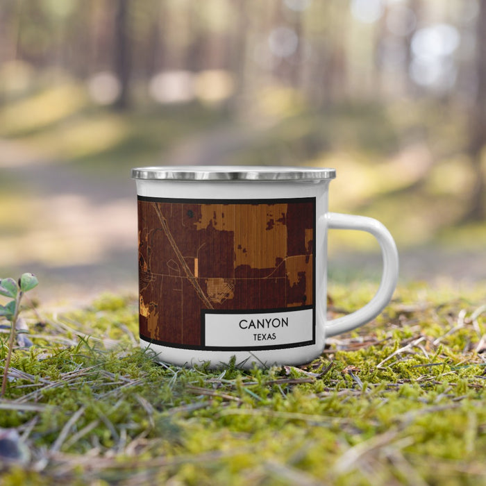 Right View Custom Canyon Texas Map Enamel Mug in Ember on Grass With Trees in Background