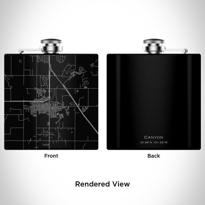 Rendered View of Canyon Texas Map Engraving on 6oz Stainless Steel Flask in Black